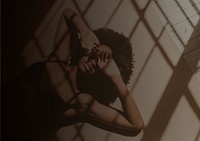 Woman lying on the floor, window shadow aesthetic photo