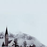 Countryside church border background, snow mountain