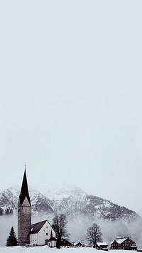 Countryside church border iPhone wallpaper, snow mountain