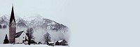 Countryside church border background, snow mountain