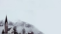 Countryside church border background, snow mountain