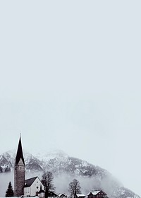 Countryside church border background, snow mountain