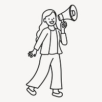 Young woman using loudspeaker public announcement line art  illustration