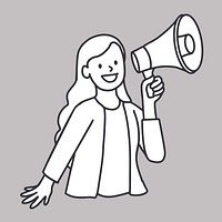 Young woman using loudspeaker for public announcement flat line vector