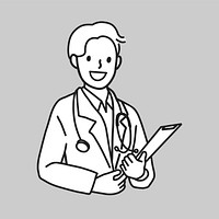 Happy male doctor with stethoscope medical report line art vector