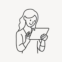 Woman using digital tablet line drawing  illustration