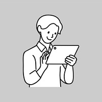 Man using digital tablet line art vector