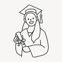 Female graduate student in graduation gown holding diploma flat line vector