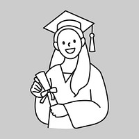 Female graduate student in graduation gown holding diploma line drawing vector