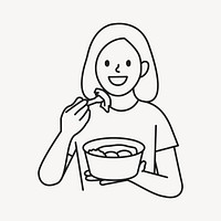 Young woman eating delivery food line drawing vector