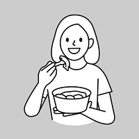 Young woman eating delivery food line drawing vector