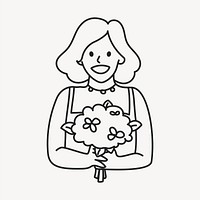 Woman with flower bouquet line drawing vector