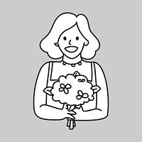 Woman with flower bouquet line drawing vector