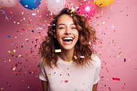 Happy woman with festive confetti & balloons 