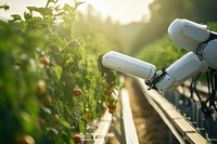 Robot arm harvesting vegetable, farming technology AI generated image