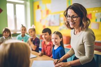 Teacher in happy classroom 