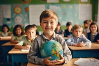 Happy preschooler with globe ball AI generated image