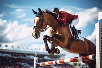 Horse jumping over fence 