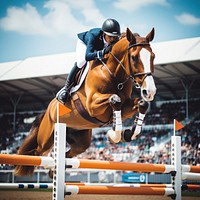 Horse jumping over fence 