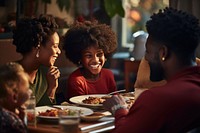 Family eating adult plate. 