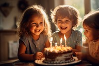 Photo of kids in natural light and birthday cake.