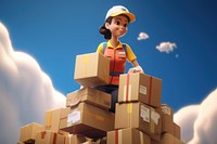 3D delivery woman with piles of parcel boxes