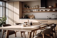 Japandi kitchen, minimal wooden dining table  image