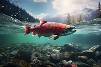 Red salmon swimming underwater