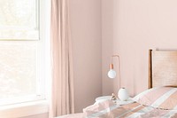 Pink bedroom, aesthetic interior photo