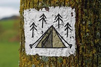 Camping site sign on a tree