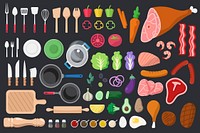 Kitchenware, vegetables & ingredients illustration set psd