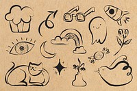 Cute line art doodle illustration psd set