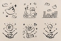 Cute line art doodle illustration psd set