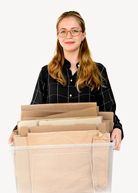 Cardboard box woman isolated image on white