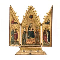 Triptych with the Enthroned Virgin between Saint Catherine of Alexandria and Saint Lucy (central panel); Saint Francis, Saint John the Baptist, and the Archangel Gabriel (left wing); Saint Bartholomew, Saint Dominic, and the Virgin Annunciate ( right wing by Giovanni di Paolo