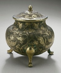Lidded Tripod Jar with Flowers, Birds, and Clouds