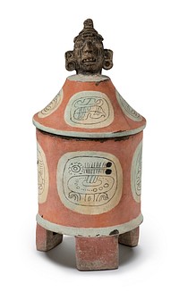 Lidded Tripod Cylinder Vessel with Head of Cacao Deity