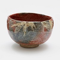 Red Raku Tea Bowl with Design of Snow-frosted Bamboo by Ryonyu
