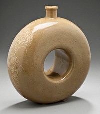 Flattened Circular Sake Bottle with Flower Designs