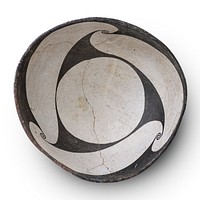 Black-on-White Geometric Bowl with Three Large Scroll Motifs