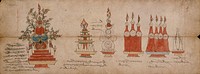 Four Manuscript Pages with Ceremonial Offering Cakes (Torma) and Ritual Objects
