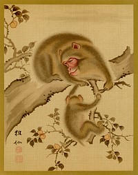 Baby monkey and mother, vintage Japanese animal painting by G.A. Audsley-Japanese illustration. Public domain image from our own original 1884 edition of The Ornamental Arts Of Japan. Digitally enhanced by rawpixel.