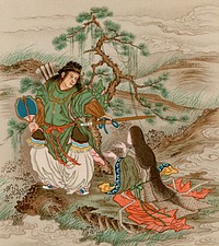 Chinese tales, vintage Japanese painting by G.A. Audsley-Japanese illustration. Public domain image from our own original 1884 edition of The Ornamental Arts Of Japan. Digitally enhanced by rawpixel.