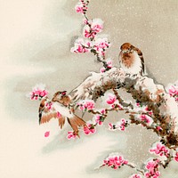 Bird perching on tree top, vintage Japanese animal painting by G.A. Audsley-Japanese illustration. Public domain image from our own original 1884 edition of The Ornamental Arts Of Japan. Digitally enhanced by rawpixel.