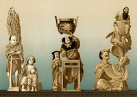 Antique Print of Ivory Carvings from section VIII plate IV. by G.A. Audsley-Japanese sculpture. Public domain image from our own original 1884 edition of The Ornamental Arts Of Japan. Digitally enhanced by rawpixel.