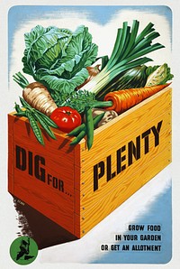 Food Production Dig for Plenty (1939-1946) chromolithograph by Mary Le Bon. Original public domain image from Wikipedia. Digitally enhanced by rawpixel.