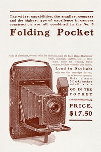 Advertisement for Kodak Folding Pocket Camera (1900) chromolithograph by Eastman Kodak Co., Rochester, NY. Original public domain image from Wikipedia. Digitally enhanced by rawpixel.