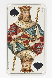 French tarot deck, "Tarot nouveau" style: king of spades (1898) chromolithograph by Baptiste-Paul Grimaud. Original public domain image from Wikipedia. Digitally enhanced by rawpixel.