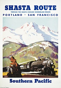 Shasta route through the Shasta-Cascade wonderland region Southern Pacific (1950), vintage illustration by Maurice Logan. Original public domain image from the Library of Congress.  Digitally enhanced by rawpixel.