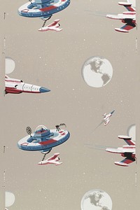 Wallpaper with space stations and rockets (1950) chromolithograph art. Original public domain image from Wikimedia Commons. Digitally enhanced by rawpixel.